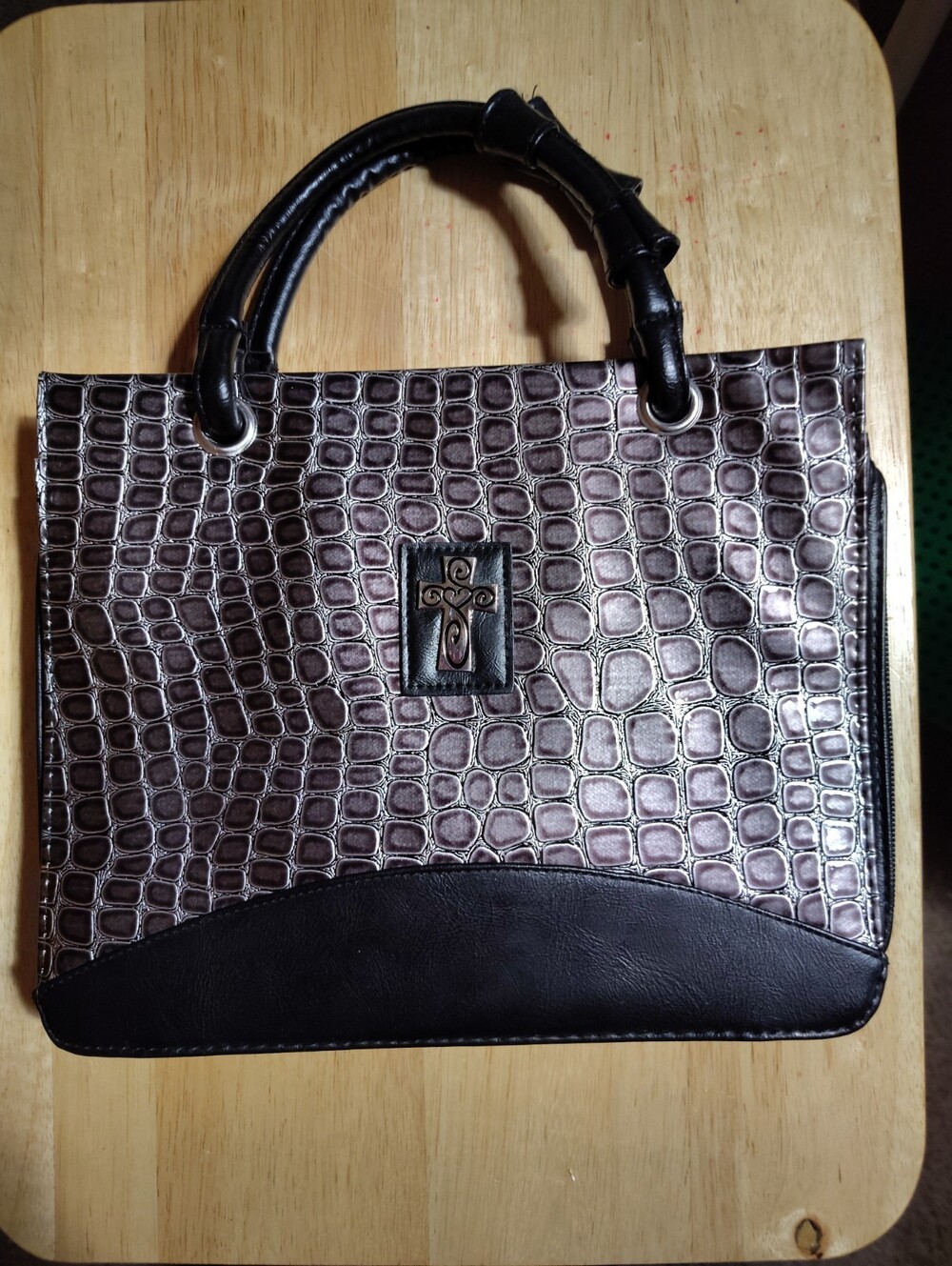 Black Croc Embossed Faux Leather Bible Cover with Cross Emblem, Zippered Handles